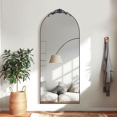 a living room with a large mirror on the wall next to a potted plant