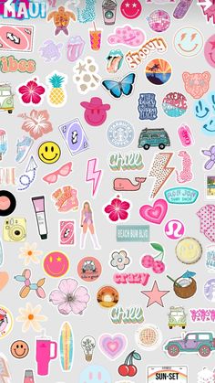 various stickers and decals on a white surface with the words kawai written in pink