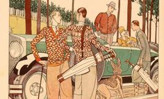 an illustration of people standing in front of a car with two men and a dog