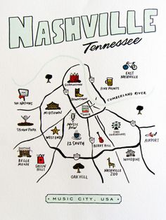 a map of nashville, tennessee with the names and locations on it's white paper