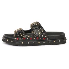 Super-comfortable handcrafted black leather flat with multi-stud detail, upper and midsole embellished with multi studs. This double-strap slip-on sandal can be adjusted by the double buckles on top to find the most comfortable position, leather lining, rubber sole, and padded leather footbed. Wipe Clean Double Buckle Sandals, Customer Service Gifts, Black Leather Flats, Buckle Sandals, Platform Heel, Black Case, White Beige, Independent Designers Fashion, Leather Flats