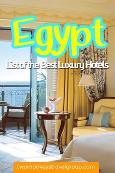 an egyptian hotel room with the words egypt written in bright blue and yellow on it