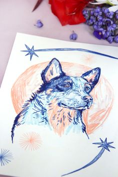 a drawing of a dog with stars on it's face and flowers in the background