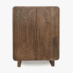 a wooden cabinet with geometric designs on the front and sides, against a white background