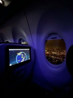 the view from inside an airplane at night