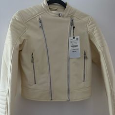 Zara Bnwt “Leather” Jacket. White/Cream Fitted Cream Biker Jacket For Spring, Trendy White Leather Jacket With Long Sleeves, White Leather Jacket For Spring Workwear, Zara Fitted Leather Jacket For Spring, Chic Cream Biker Jacket For Winter, Chic Cream Leather Jacket For Spring, White Biker Jacket With Zipper For Spring, White Chic Leather Jacket For Work, Zara Beige Leather Jacket For Fall