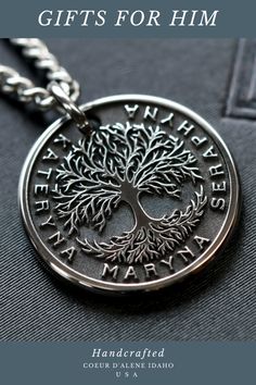 the tree of life pendant is shown on a black background with text that reads gifts for him