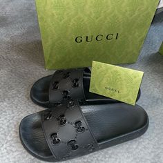 Gucci Rubber Slides, Size 8. Lightly Worn. In Great Condition. Purchased A Size Too Small And Was Unable To Return Due To It Being Past The Two Weeks From Purchase Date. Gucci Box/Bag/Original Receipt Provided. Original Cost $408. Gucci North Face Slides, Black Gucci Slides, Gucci Box, Gucci Slides, Shoe Gallery, Slides Women, Slides Shoes, Box Bag, Gucci Black