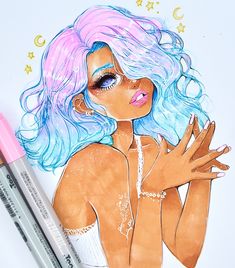 a drawing of a girl with blue hair and pink eyes holding her hands up in front of her face