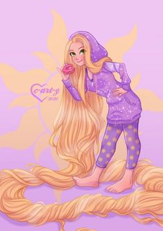 a drawing of a blonde haired girl with long hair and a purple hat on her head