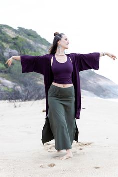 This open style, Kimono kaftan is made from organic stretch bamboo. Ethically hand made with love and intention in Bali, Indonesia. One size fits all Colour is in photos is Plum.  SHIPPING  ✥ Processing times: We make every piece to order. Please allow 15 to 40 days from the date of order to delivery.  Our items ship from Indonesia from our small artisanal studio located in Bali. Thank you for supporting ethical slow made fashion. Please note it is postal services requirements to provide the rec Bohemian Kimono Sleeves Cover-up For Loungewear, Bohemian Cover-up With Kimono Sleeves For Loungewear, Luxury Bohemian Cover-up With Kimono Sleeves, Black One-size Beach Cardigan, Bohemian Silk Kimono For Beach Cover-up, Kimono Kaftan, All Colour, Open Jacket, Bamboo Clothing