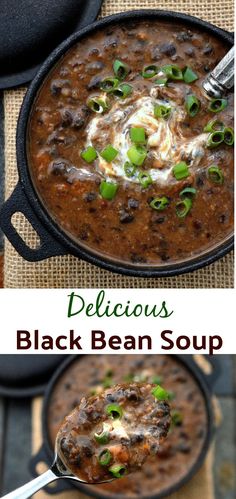 two pictures of black bean soup with green onions and sour cream in a cast iron skillet