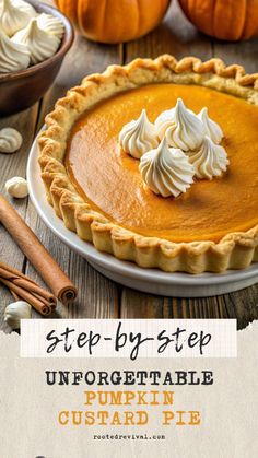 an unforgetable pumpkin custard pie with whipped cream in the middle