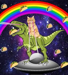 a cat sitting on top of a dinosaur in the middle of a rainbow filled sky