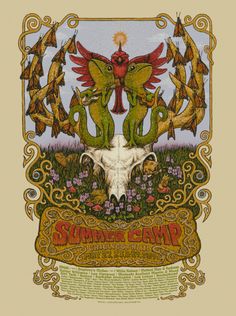 a poster for the summerland festival with two green monsters on top of a cow skull