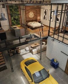 a yellow car is parked in the garage