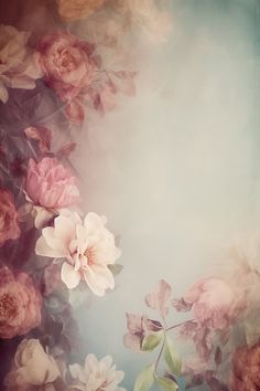 an artistic photo with pink flowers on a blue and white background in pastel tones