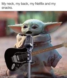 baby yoda singing into a microphone with an electric guitar in front of it and the song goes like this tequila