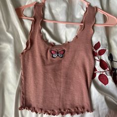 Dusky Pink Scrunched Bottom Crop Top With Embroidered Butterfly, Reminds Me Of Those Nike Sock Tops Originally Bought From Q, Tagged Urban Outfitters For Exposure Very Cute Shirt, Never Worn, No Tags But Still Has The Little Plastic Thing That Holds The Tag Size M, Pretty Stretchy So Could Fit A Size L As Well Pm Me For Any More Questions, Need Gone Before 8/13!! Nike Sock Top, Grabby Hands, Butterfly Tank Top, Nike Socks, Embroidered Butterfly, Butterfly Embroidery, Dusky Pink, Cute Shirt, Simple Trendy Outfits