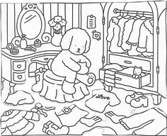 a black and white drawing of a teddy bear in a room with clothes on the floor