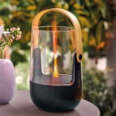 a glass vase with a wooden handle sitting on top of a table next to a flower pot