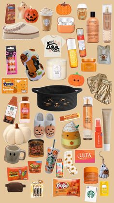 a collage of various items that include pumpkins and other things