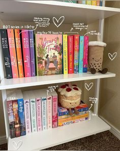 a book shelf filled with lots of books next to a stuffed animal on top of it