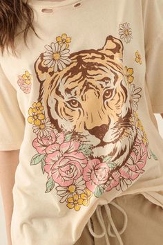 Tiger Lily Distressed Oversized Graphic Tee | ShopPromesa Tiger And Flowers, Tube Romper, Flowers Graphic, Oversized Graphic Tee, Graphic Tops, Vintage Canvas, Tiger Lily, Iron Decor, Drop Shoulder