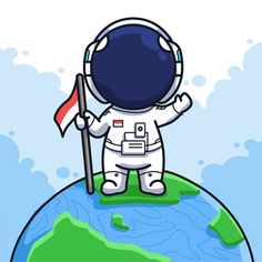 an astronaut standing on top of the earth holding a flag