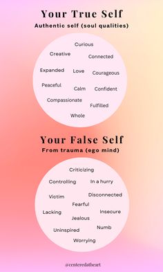 Qualities of your true self and false self. Embody the qualities of your true self as a path to Self love and empowerment. Find out how you can connect to your true self. Spiritual quotes, spiritual wallpaper. personal growth self improvement, personal growth quotes inspiration, personal growth tips, mental healh. Self Concept Questions, How To Find Your True Self, Personal Growth Quotes Inspiration, False Self, Spiritual Wallpaper, Quotes Spiritual, Personal Growth Quotes, Self Actualization