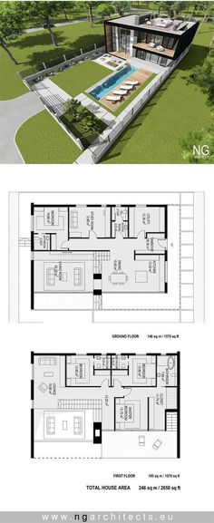 two story house plans with swimming pool in the middle and an open floor plan on top