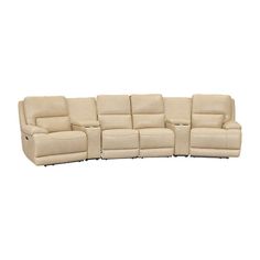 the reclining sectional sofa is shown with two seats and one arm rests on it's back