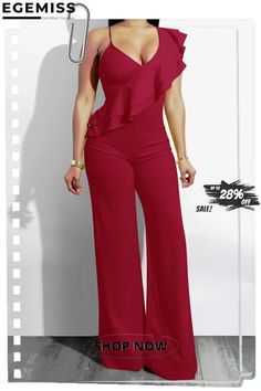 Burgundy Solid Flounce V Neck Boot Cut Jumpsuits Larger Size Fashion, Stretch Jumpsuit, Ruffle Jumpsuit, Backless Jumpsuit, Jumpsuit Pattern, Plus Size Jumpsuit, Type Of Pants