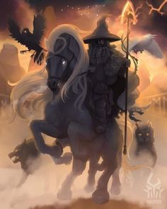 a man riding on the back of a white horse next to a black bird and demon