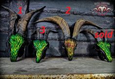 three horns with green and yellow designs on them are shown in front of a wooden wall