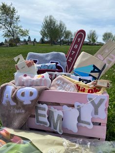 a wooden crate filled with lots of items on top of a grass covered park field