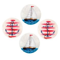 three coasters with an anchor and sailboat painted on them in red white and blue