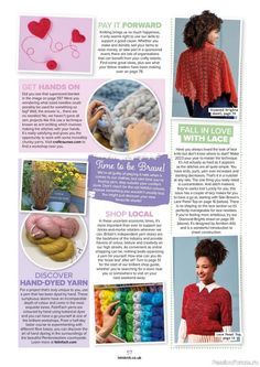 an article in knitting magazine with pictures of knits and crochet items on it