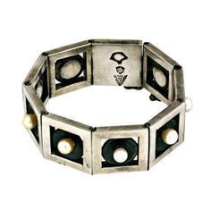 Extraordinary sterling silver link bracelet by modernist master Antonio Pineda, Mexico. Blackened silver discs set with cultured pearls float within heavy square framed links. Wonderful for men or women. 1940s Taxco, Mexico. Heavy quality sterling settings.
 Signed: Antonio 8.25" x 1"
 Excellent condition. Silver Link Bracelet, Modern Bracelets, Antique Fashion, Mexican Jewelry, Mid Century Jewelry, Designer Fashion Jewelry, Square Frames, Cultured Pearls, Link Bracelets