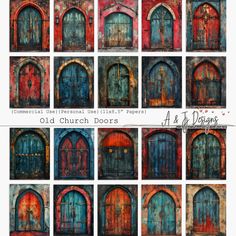 old church doors in different colors and sizes, all painted with acrylic paint