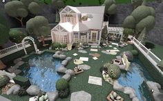 Bloxburg Aethestic House, Bloxburg Frontyard Idea, Bloxburg House Ideas Cottagecore Exterior, Blocksburg Garden Ideas, Bloxburg Garden House Ideas, Cute Bloxburg Garden Ideas, Bloxburg Modern Garden, Bloxburg House Ideas Detailed, House With Pond In Front Yard