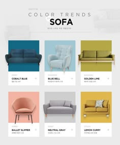 the color scheme for sofas is shown in several different colors and sizes, including blue, green, yellow, pink, orange