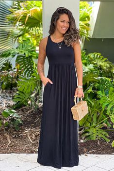 Buy this lovely Black Maxi Dress with Pockets from Saved by the Dress Online Boutique! Must have casual summer dress with pockets. Racer-back maxi dress for any event! Comfy Maxi Dress, Maxi Dress With Pockets, Pocket Maxi Dress, Saved By The Dress, Review Dresses, Basic Dress, Back To Basics, Black Maxi, Casual Summer Dresses