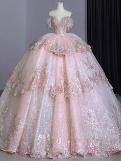 Royal Ball Gowns, Wedding Dresses Off Shoulder, Beaded Wedding Dresses, Baby Pink Wedding, Floral Ball Gown, Quinceanera Themes Dresses, Off Shoulder Ball Gown, Bridal Dresses Vintage, Dresses Off Shoulder