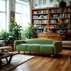 a living room filled with furniture and bookshelves next to a window covered in plants