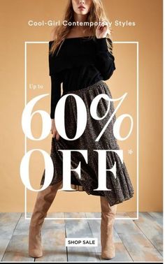 a woman in black shirt and skirt standing on wooden floor with text reading cool girl contemporary styles up to 60 % off shop sale