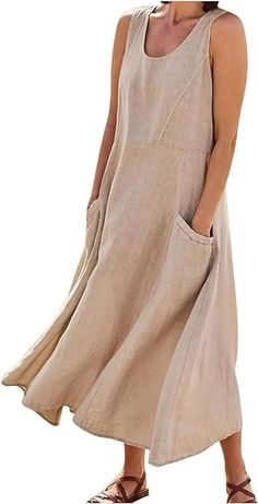 PRICES MAY VARY. Pull On closure Contrast Dress, Summer Sundress, Dress Bohemian, Dress Simple, Linen Maxi Dress, Long Summer Dresses, Vestido Casual, Color Contrast, Maxi Dress With Sleeves