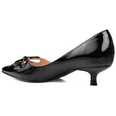 Elevate your style with the Lutana kitten heel in wide-width from Journee Collection, featuring a sophisticated pointed-toe silhouette and chic cutout details adorned with a charming bow accent. The slip-on design ensures easy wear, while the padded footbed enhances comfort for all-day wear. With a stylish 1 1/2-inch kitten heel and crafted from faux leather, the Lutana is a fashionable and comfortable choice for those with wider feet. Unique Heels, Black Pumps Heels, Shoe Last, Kitten Heel Pumps, Pointed Toe Heels, Pretty Shoes, Journee Collection, Wide Fit Boots, Kitten Heel