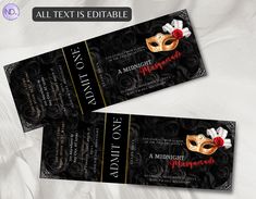 two tickets for a masquerade show with red and gold masks on them, sitting next to each other