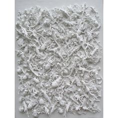 an abstract painting with white paint on a gray background, depicting various people and animals